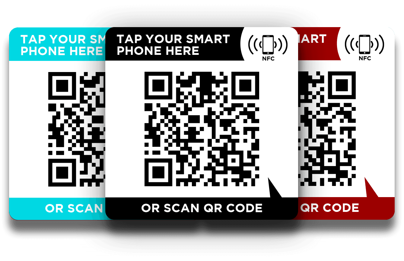 QR + NFC smart decal available in black, blue, and red colors
